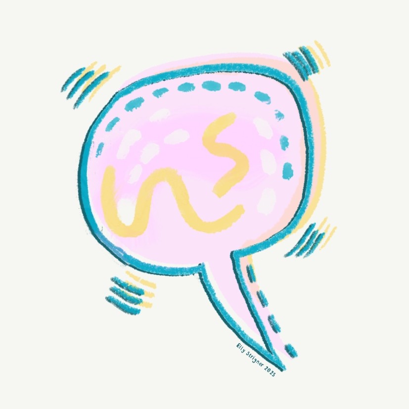 A colourful speech bubble filled with abstract squiggles and shapes