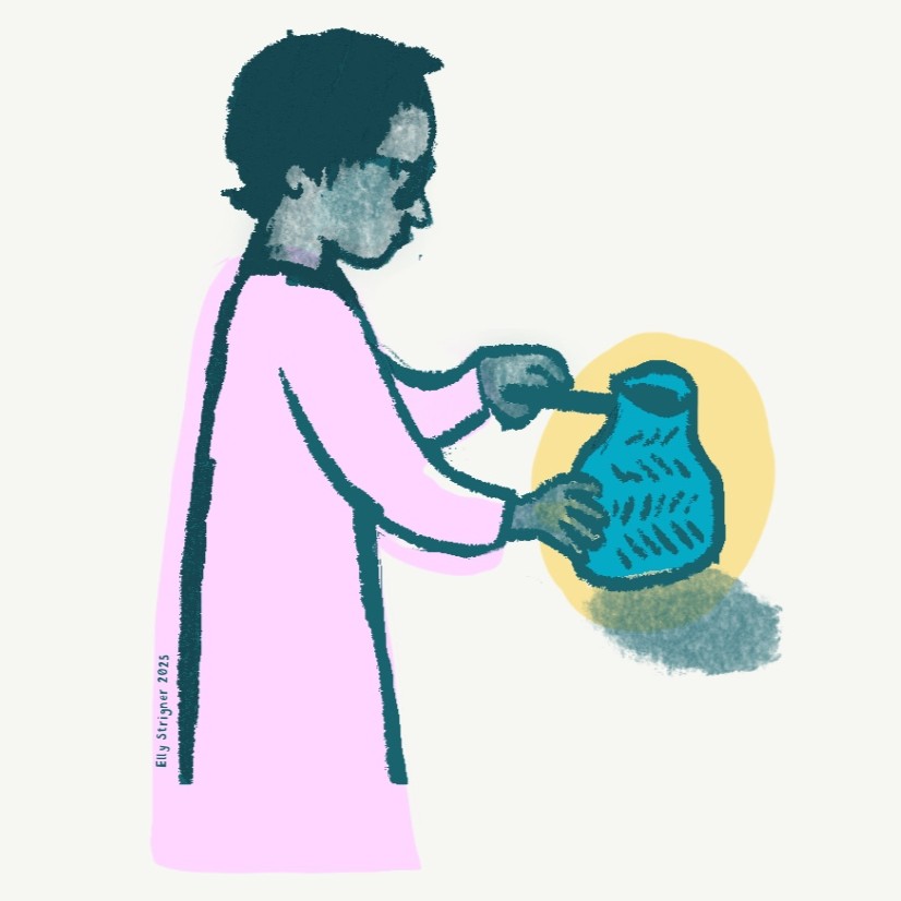 A drawing of an artist in a bright pink smock, painting a ceramic pot. The artist has dark skin and short black hair and is wearing glasses.