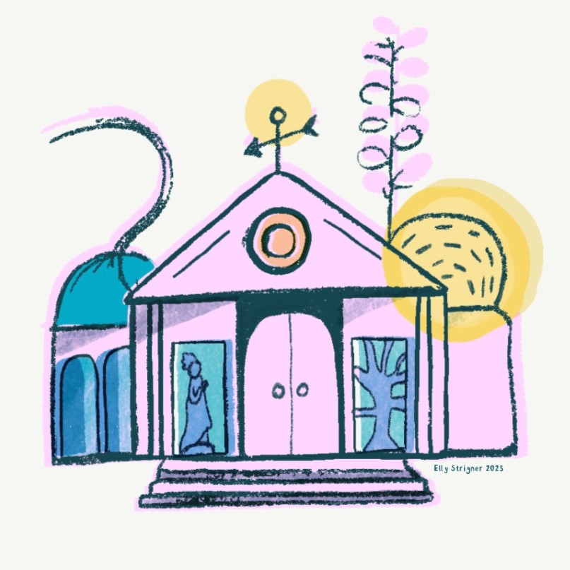 A cute schematic drawing of a museum. It has a pointed roof, and swirls and plants growing out of it. It's bright pink with yellow and blue accents and looks like a fun place to be.