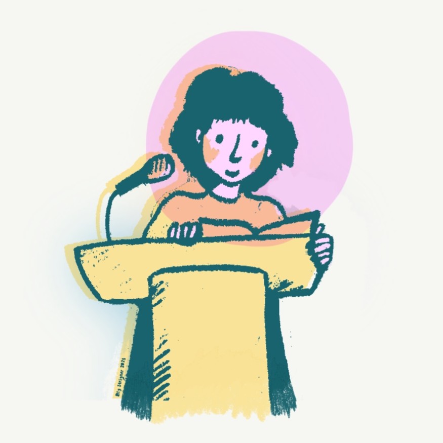 A drawing of a person with bobbed hair standing behind a podium reading into a mic.